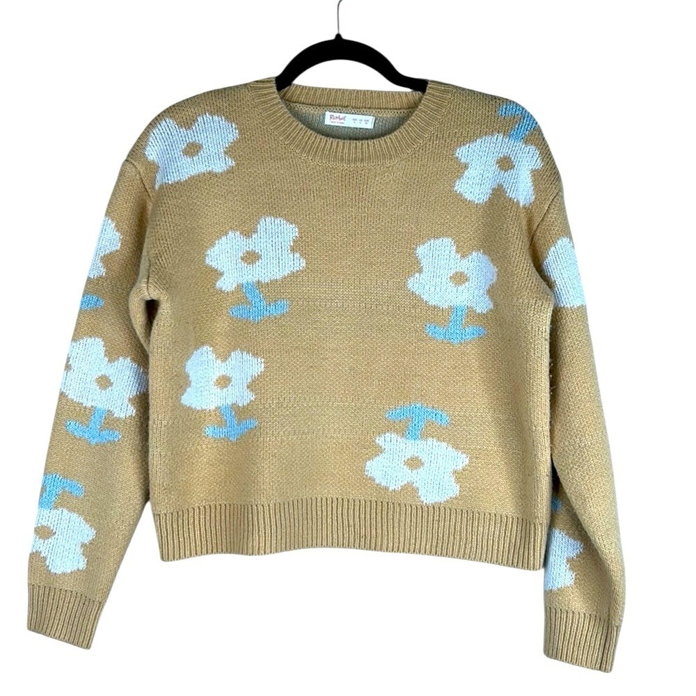 Romwe Tan 90's Y2K Floral‎ Knit Cropped Long Sleeve Crew Neck Sweater Size 4